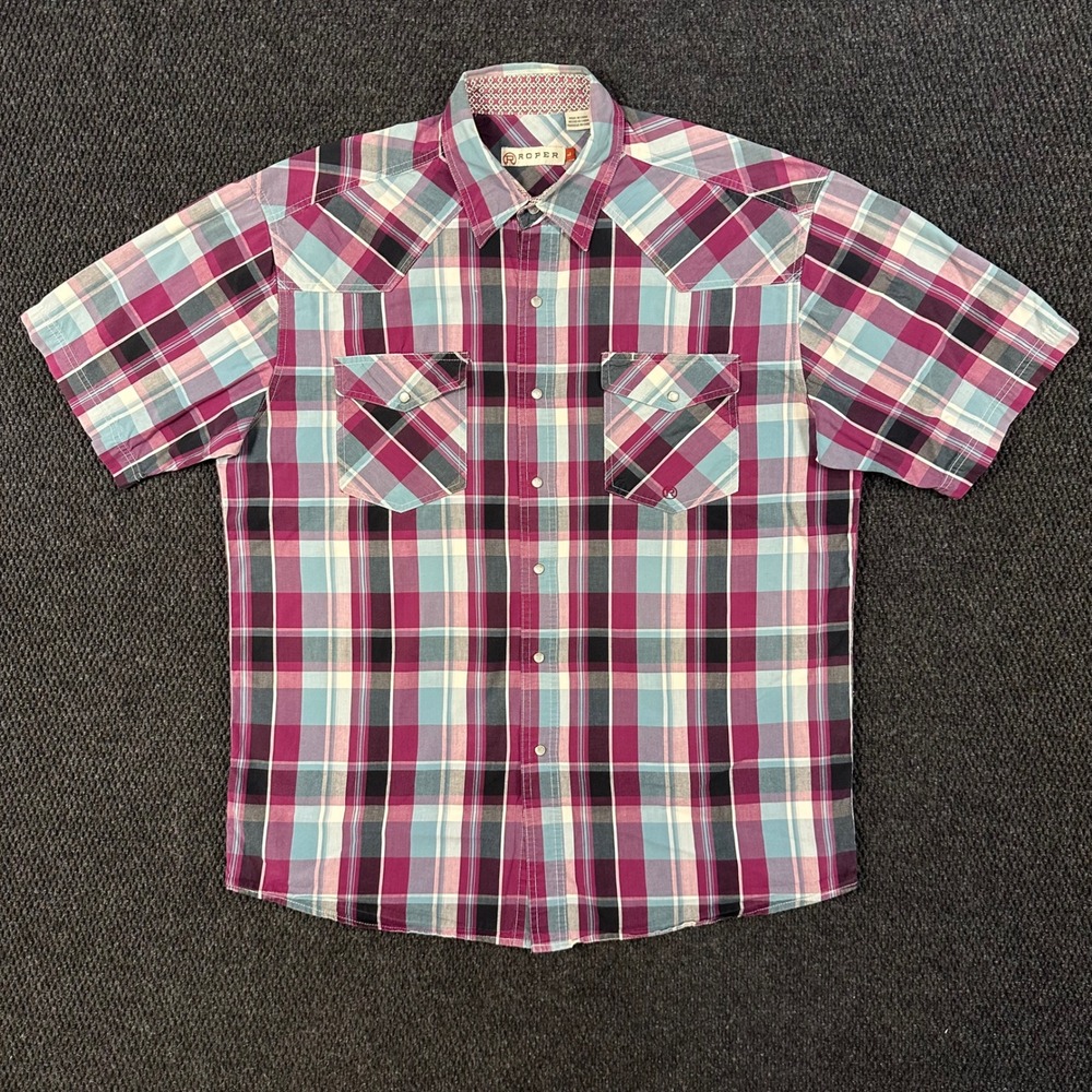 Roper Western Pearl Snap Shirt Mens L Purple Plaid Short Sleeve Cowboy Rodeo